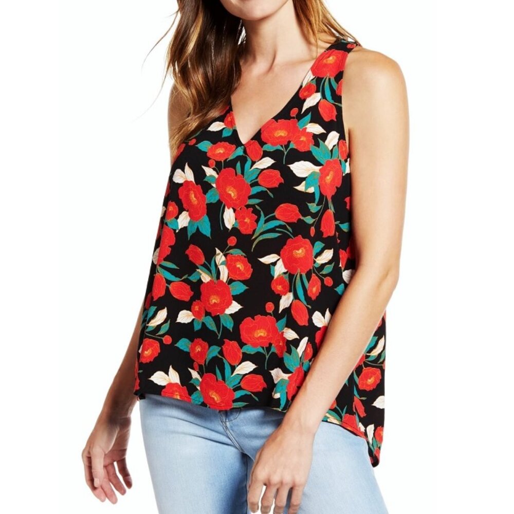 Gibson Flowy V-Neck Sleeveless Top Size XL Back Tie Closure Black Red Tulip